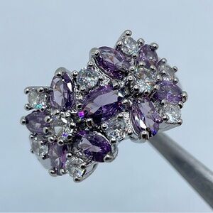 Amethyst Purple CZ Cluster Ring Silver Floral Halo Statement Cocktail Glam